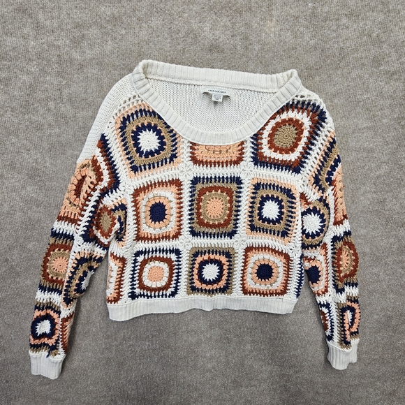 American Eagle XS Crochet Granny Square Boho Cropped Sweater - Picture 2 of 10